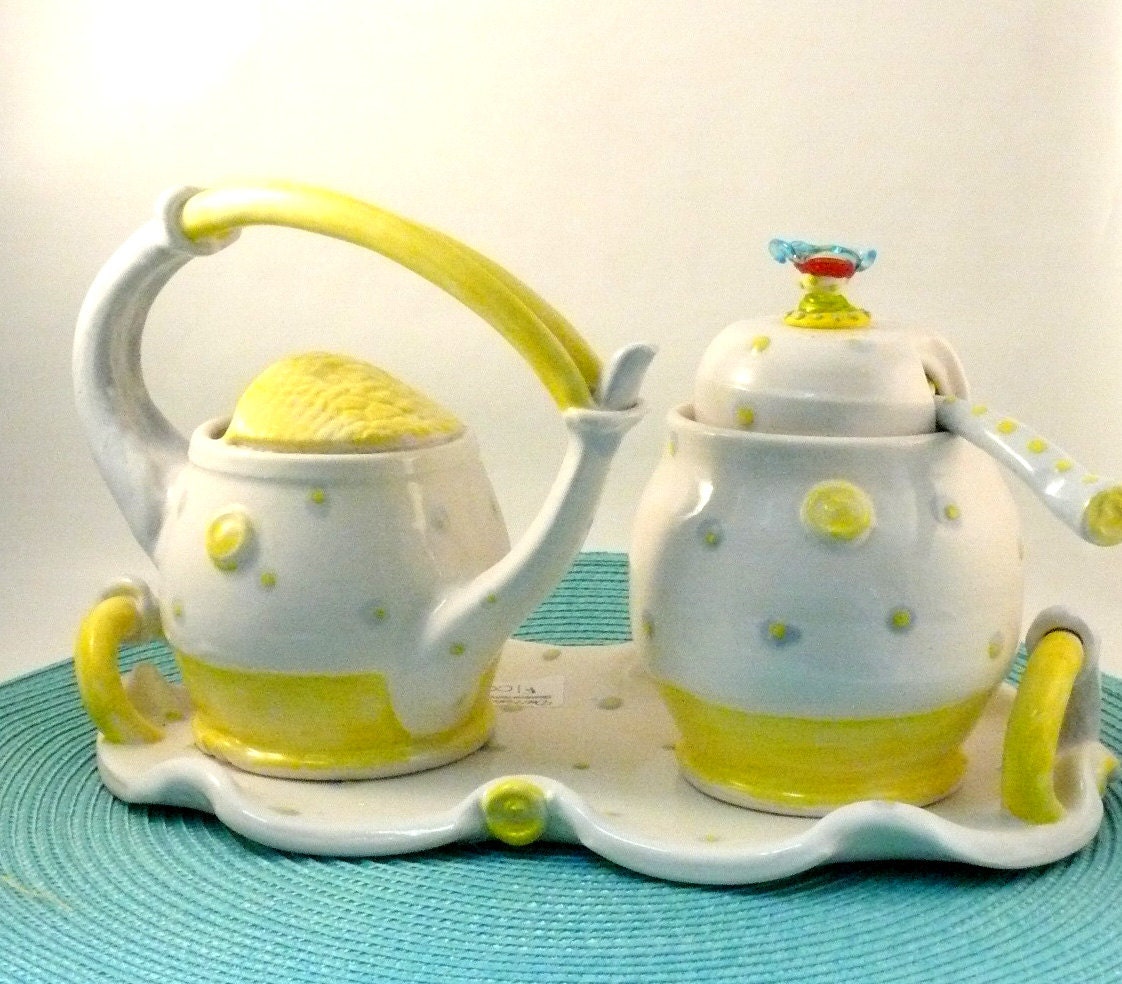 Elegant Yellow and White Sugar Bowl and Creamer Set / Garden Tea Party Set  / Home Decor