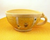Yellow Pottery Soup Mug or Latte Cup wiht owl SHIPS TODAY / Handled bowl /  SM51 cappucino cup / hostess thank you ready to ship