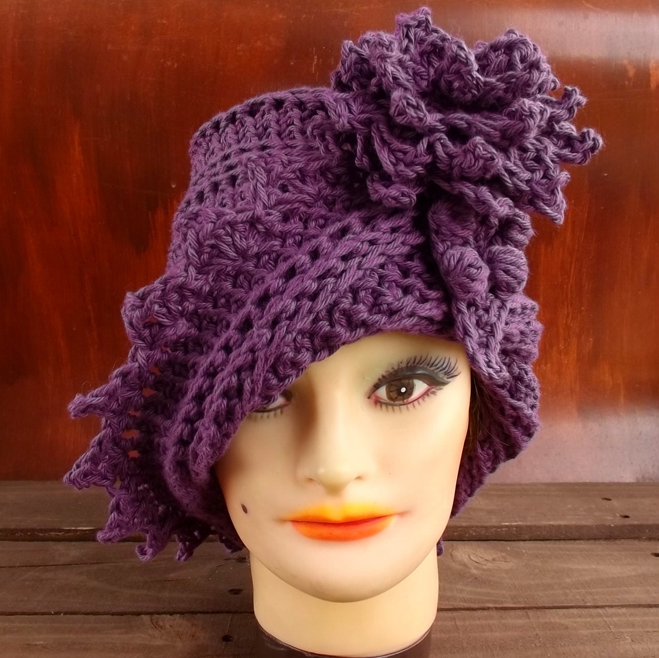Crochet HAT Women Hat - LAUREN Womens Crochet Cloche Hat 1920s in Mulberry Purple - Women's Soft Brim Cotton Sun Hat - Flower Hats