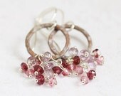 Amethyst, rhodolite garnet and mystic pink quartz clusters on rustic lavender patina hoops, sterling silver earrings