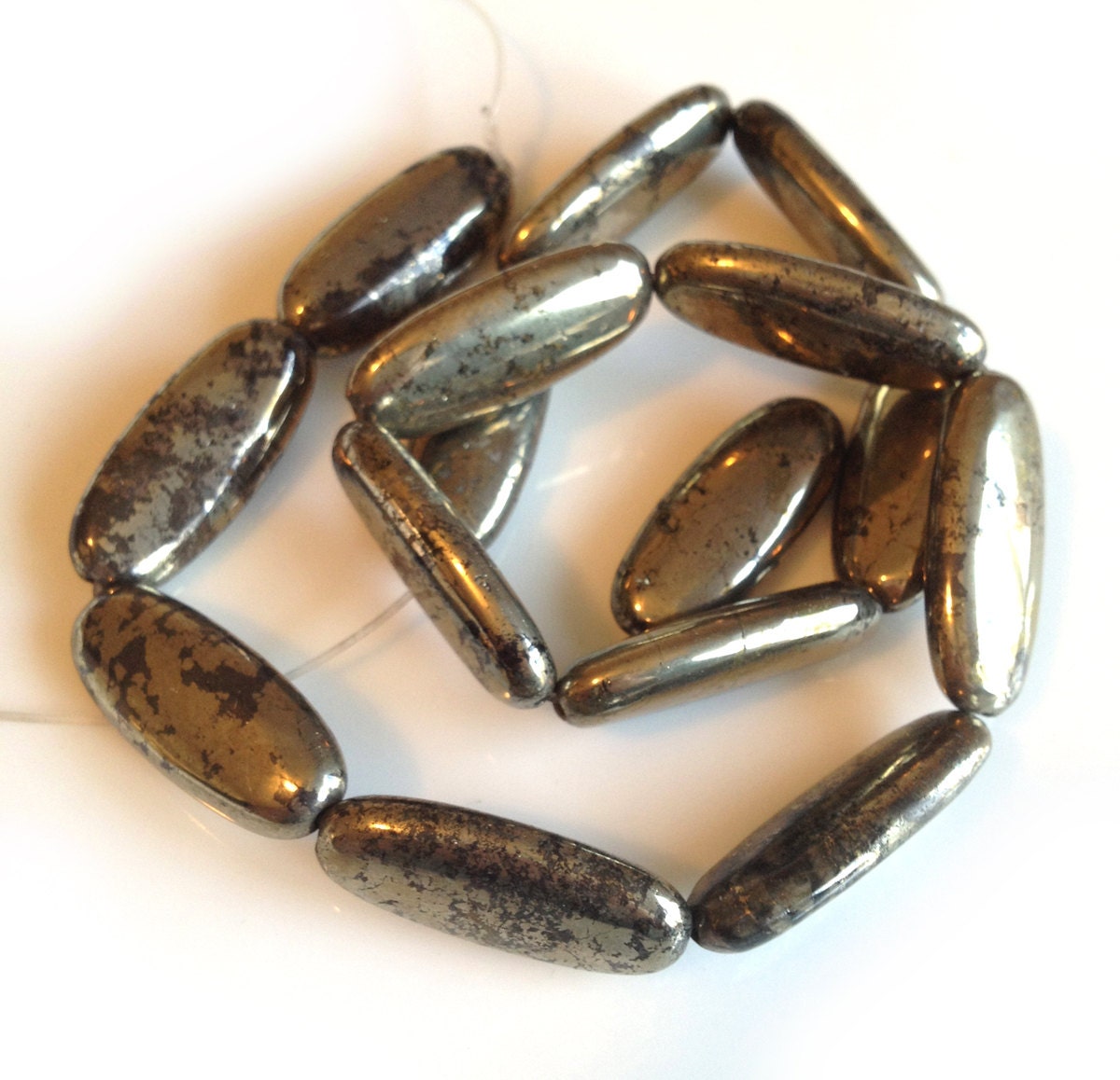 Pyrite oval beads, natural pyrite bars, long pyrite nuggets, smooth pyrite beads, 14 inches, 25mm