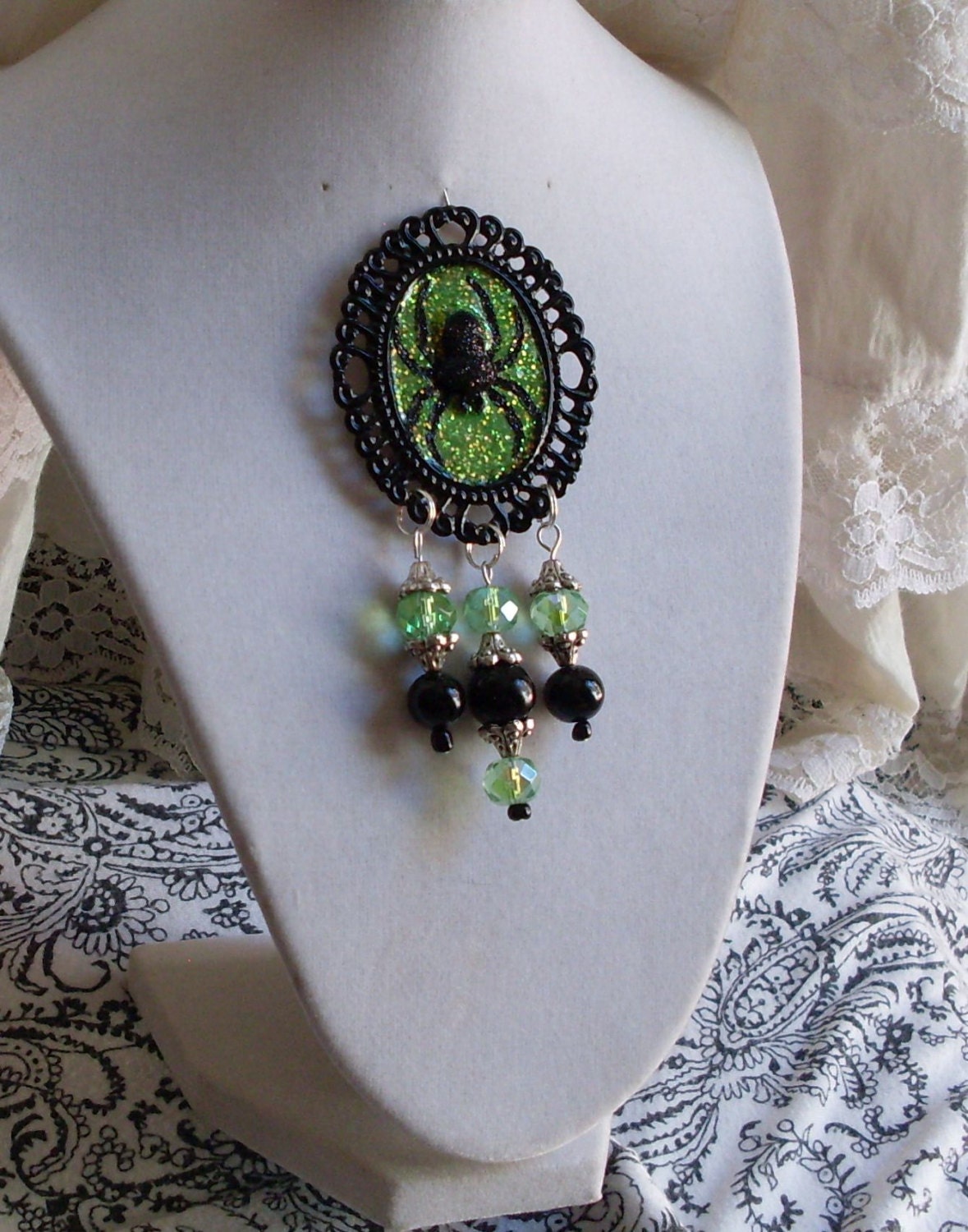 Gorgeous Lime/Neon Green Spider Voodoo Queen Brooch