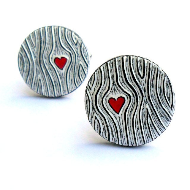 Valentine's Day Gift - Wood You Love Me Cufflinks - Black and White Woodgrain Faux Bois with Red Heart