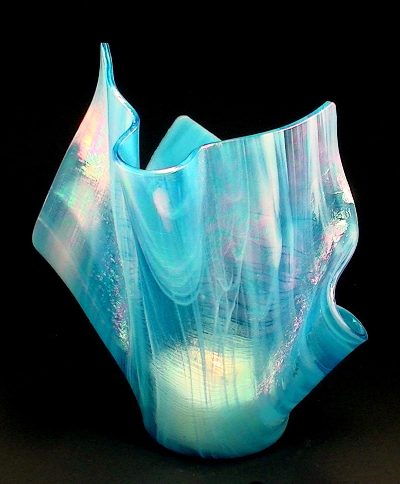 Vase Candle - Sky Blue Wispy Iridized Glass Vase