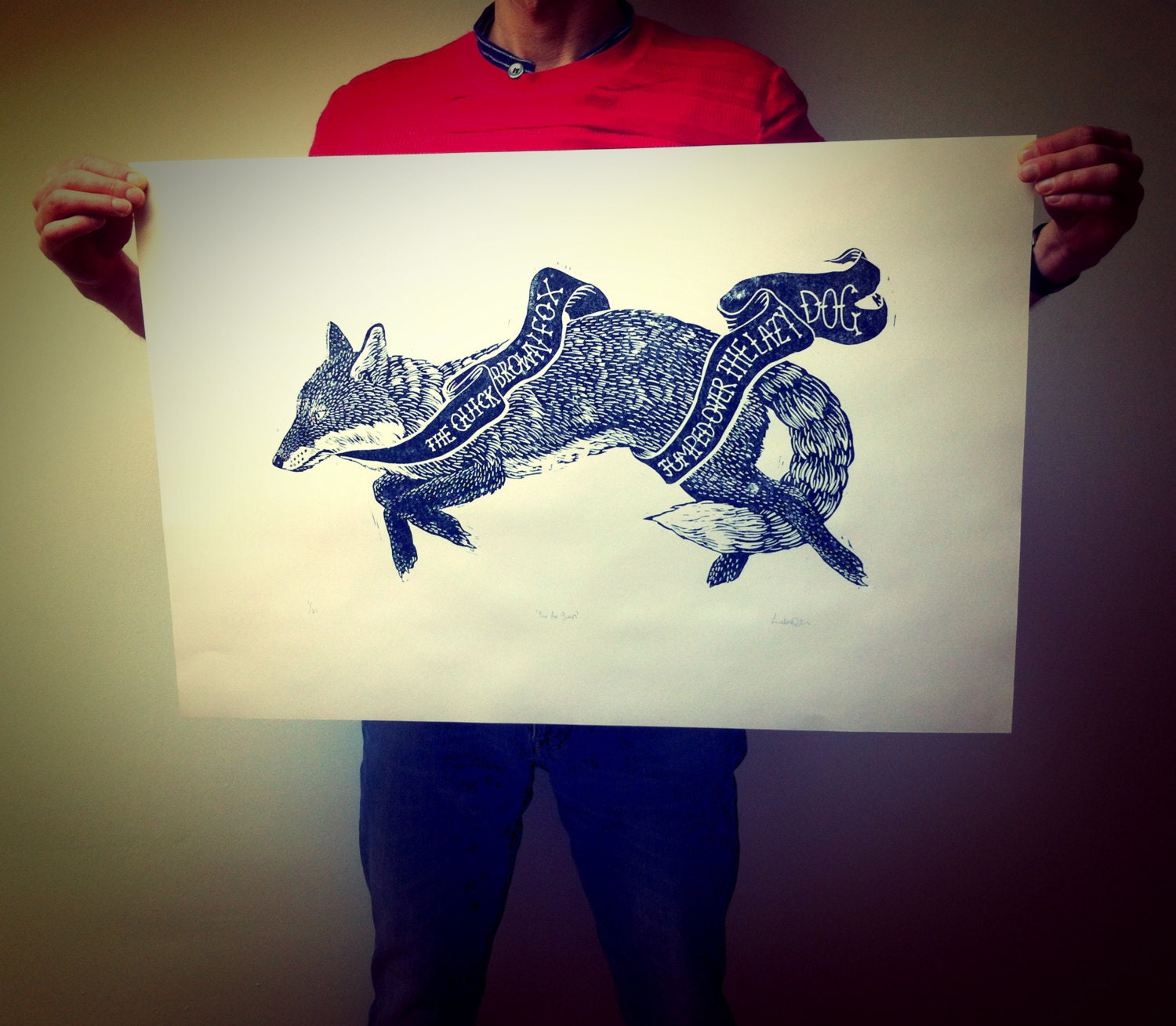 The Fox Jumps - Linoprint