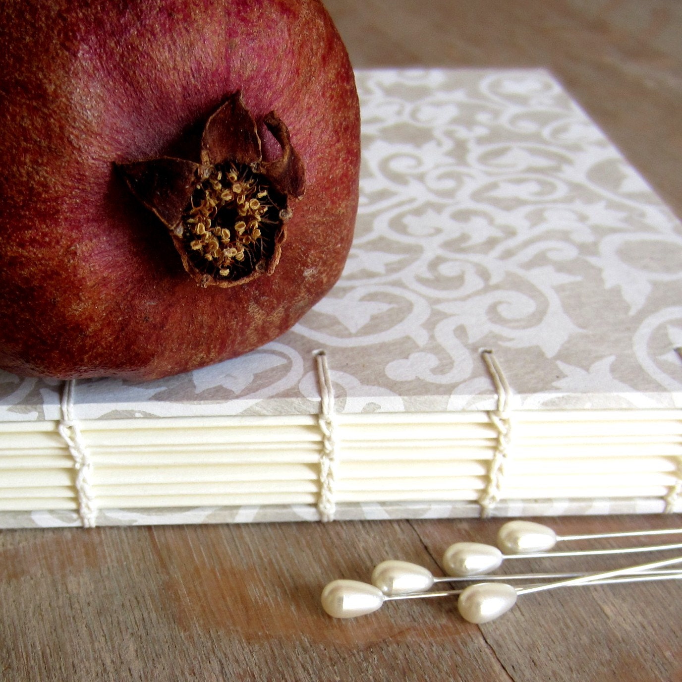 CUSTOM 7x7 Coptic Wedding Guest Book - Cream White Floral Damask - 56 to 140 unlined pages