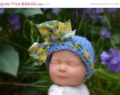 SALE Newborn Cloche Baby Girl Hat Photo PRoP Shabby Chic Butterfly Cap Summer Cotton KNiT Beanie Blue w Yellow Floral Ribbon Bow