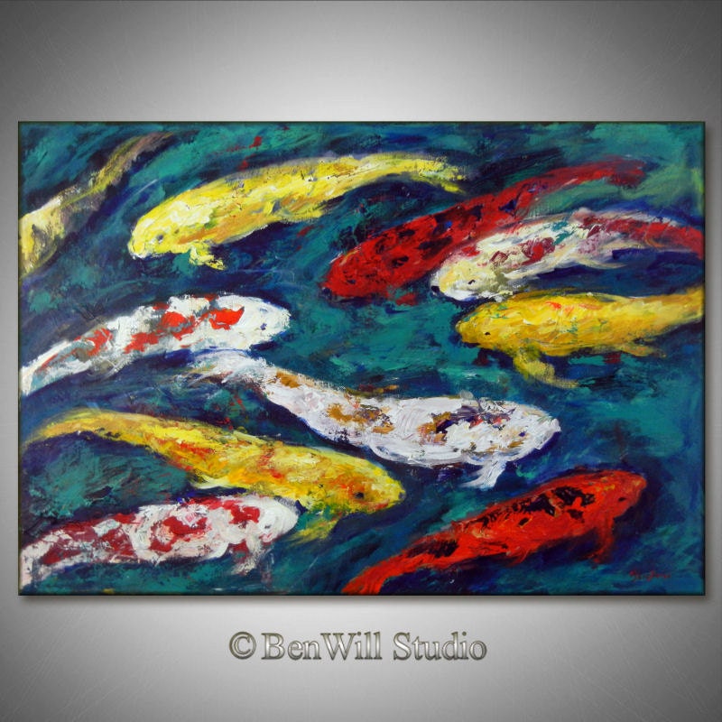 Original KOI FISH Art - Large Abstract Impressionism Colorful Painting Turquoise Yellow Red Koi Art 40x28 by BenWill