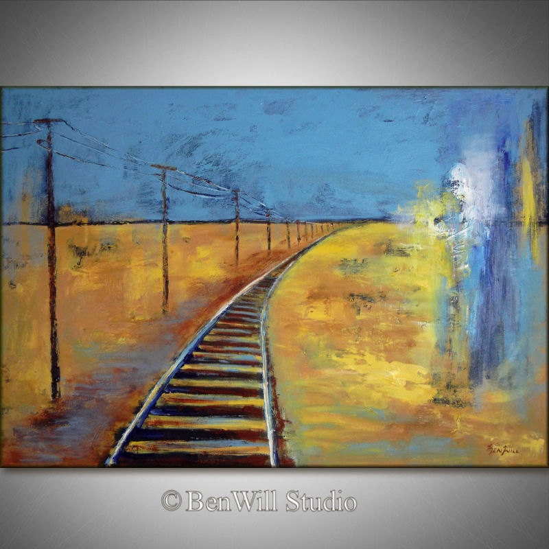 ORIGINAL Landscape Oil Painting - RAILROAD TRACKS - Yellow Field and Blue Sky - Large Painting on Canvas 40x28  by BenWill
