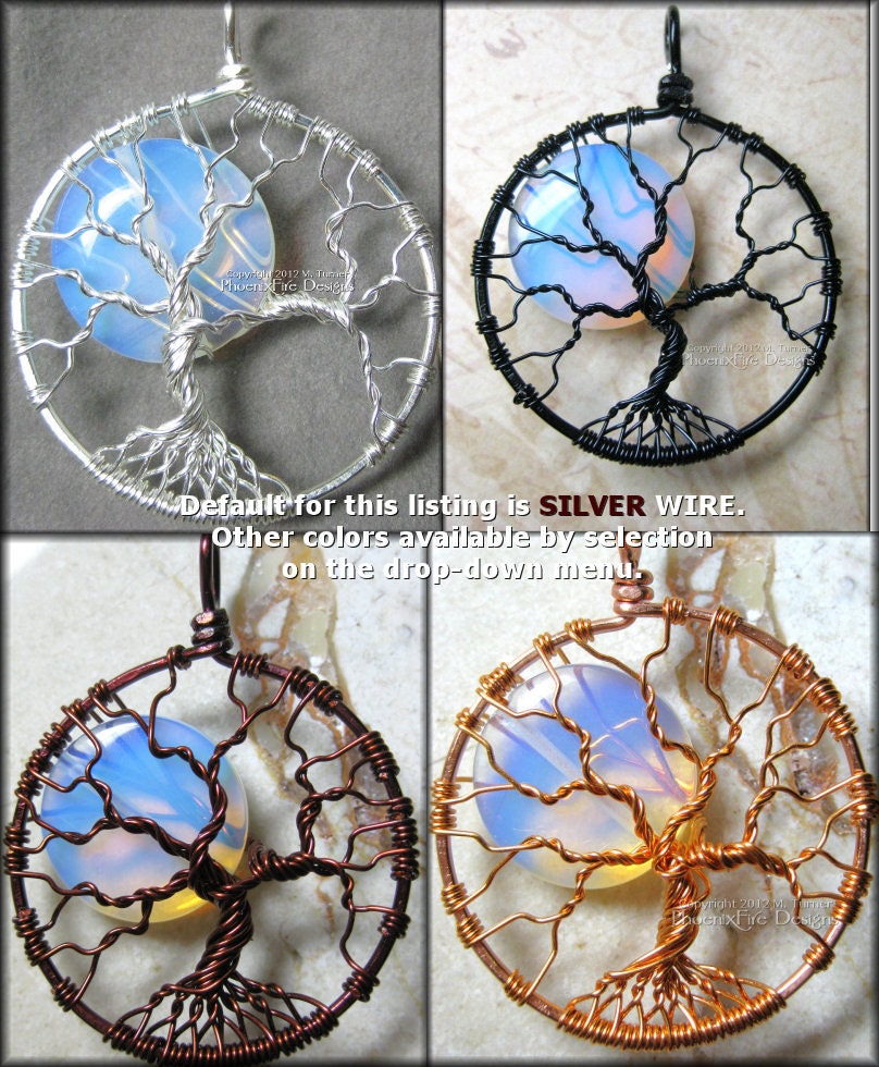 Rainbow Moonstone Full Moon Tree of Life Pendant Sterling Silver Wire Wrapped Opalite (Luna Lunar Night Sky Mystical)