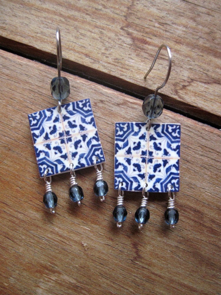 Miniature Ceramic Tile Reproduction earrings, A Mural in Portugal, Spain, blue earrings, Portuguese jewelry