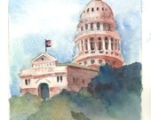 Original Watercolor Painting, Texas State Capitol, Austin Texas, Free Mat, Ready to Frame 9 x 12