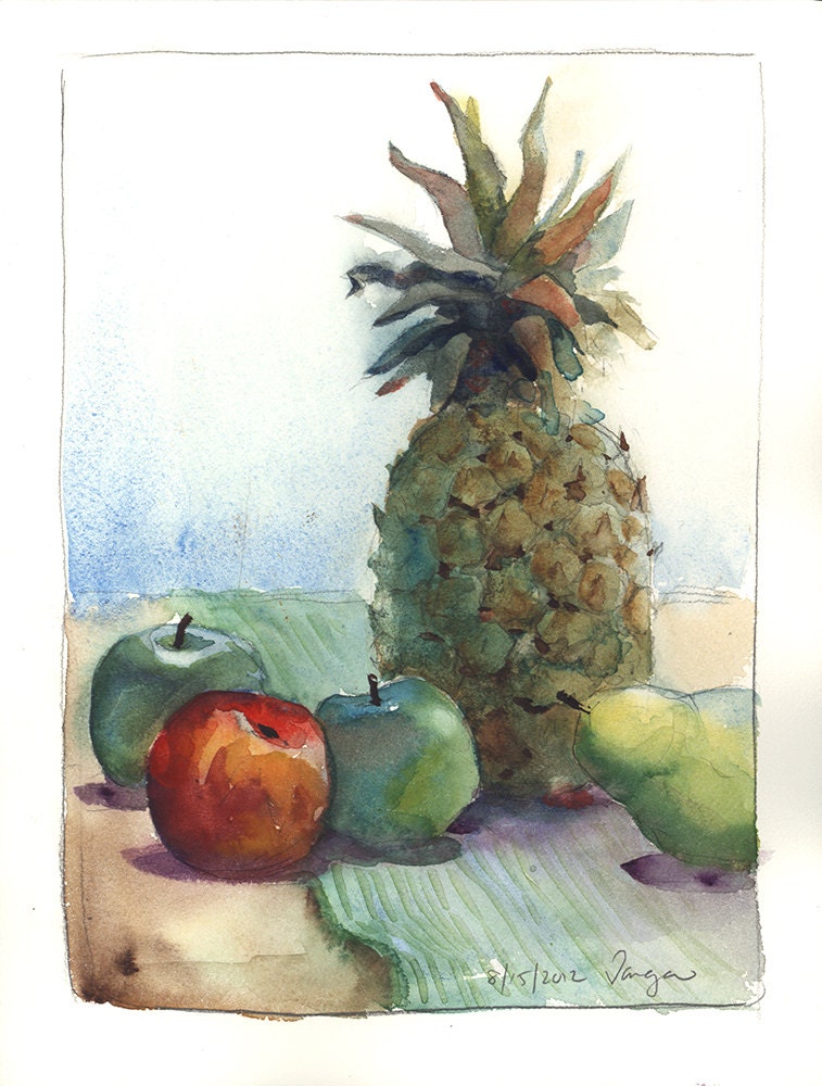 Original Watercolor Painting, Pineapple Still Life, Free Mat, Ready to Frame 9 x 12