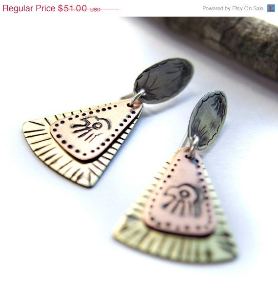 15 % off - SALE - Textured Eagle Earrings - Mixed Metal Rustic Earrings - Tribal or Ethnic Brass, Copper and Sterling Silver Jewelry