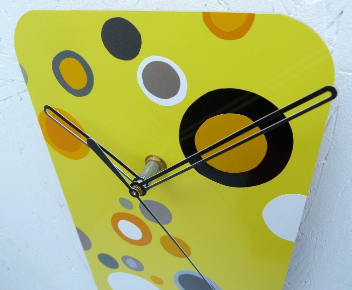 Yellow, Black, Gray, and Silver Polka Dot Clock - Funky Wall Clock for Home or Office