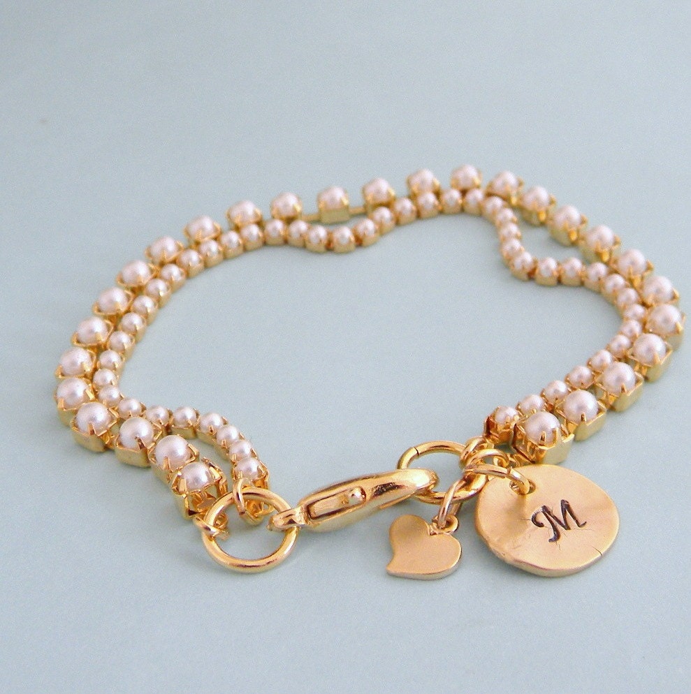 Hand Stamped Initial Swarovski Pearl Heart Charm Bracelet