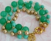 Jade Green Seafoam Gold Pearl Rosary Charm Bracelet
