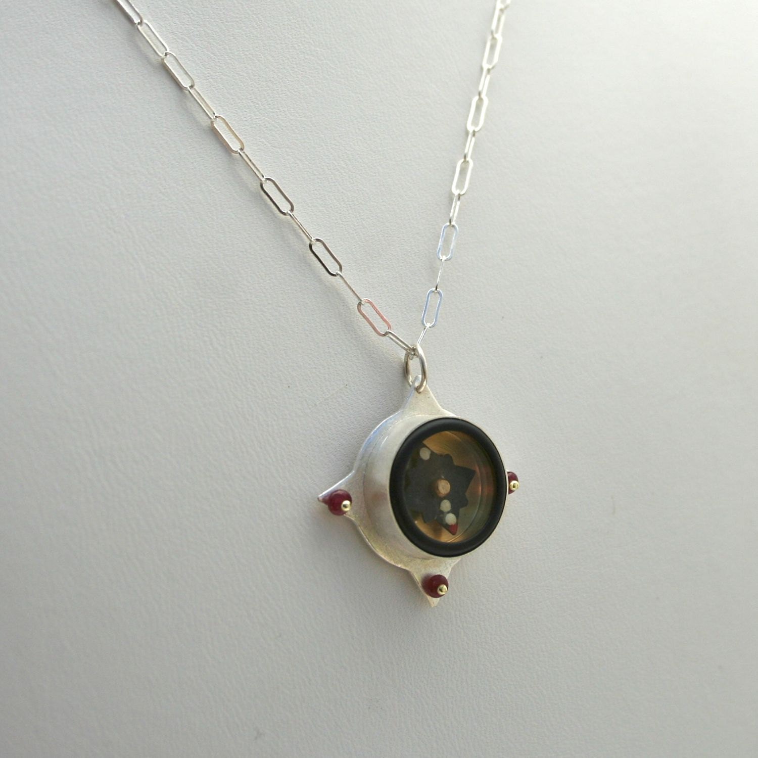 Working Compass Necklace - Sterling Silver Pendant  - One of A Kind - FB NATO Brass Compass - Fearless - Rubies
