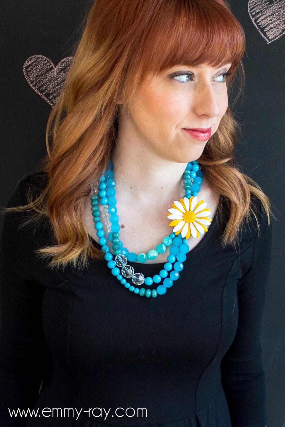 Enameled daisy and turquoise one of a kind statement necklace
