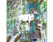 Ram Painting on Wood, Springtime Green, Abstract Vintage Screenprint Collage, Forest Animal Decor