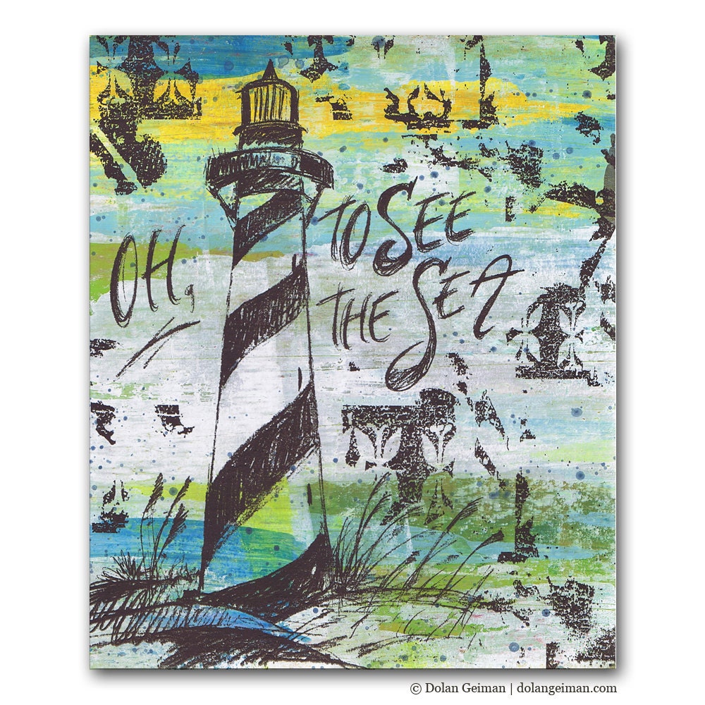 Spring Green Ocean Art, Lighthouse Panel Painting on Wood, Nautical Beach House Decor