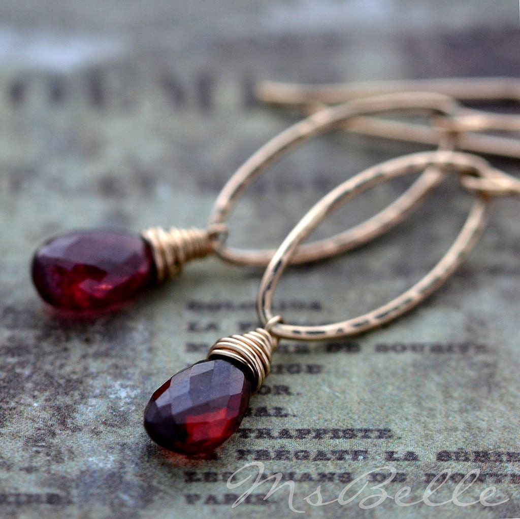 Garnet Gemstone Briolette Marquise Link Dangle Earrings in Gold Fill - Red Gemstone Gold Jewelry