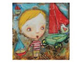 Original painting,He Wants To Go Sailing, mixed media art