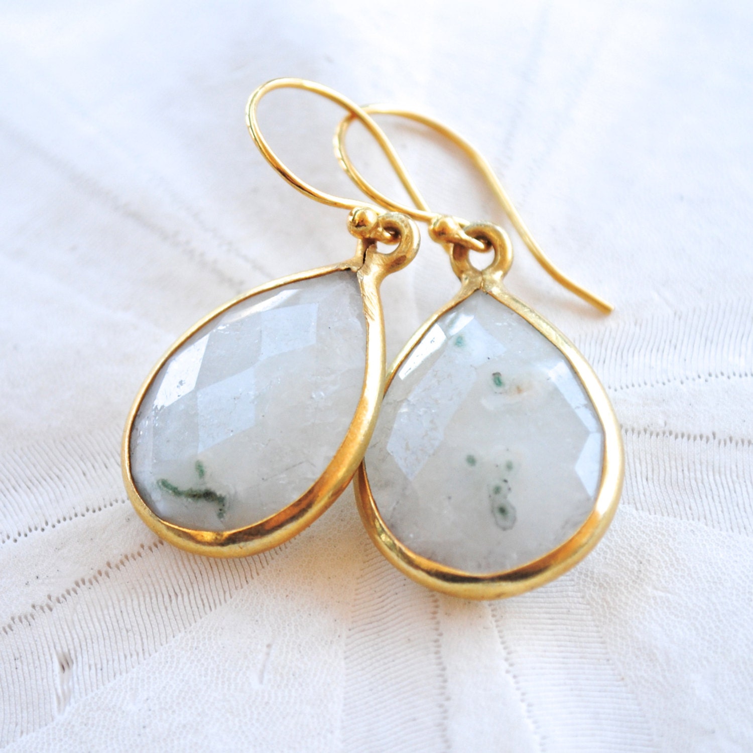 Solar Quartz Teardrop Gemstone Earrings. 24k Gold Vermeil Ear Wires. Fine Jewelry.