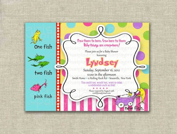 Dr Seuss Baby Girl Shower Invitation One Fish Two Fish Pink Purple Turquiose Printable - by girlsatplay girls at play Il_570xn