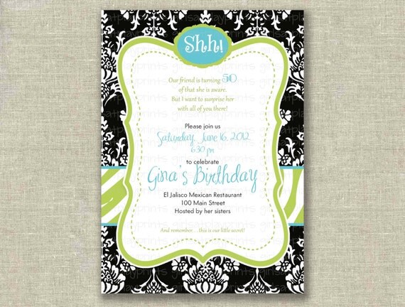 Surprise 50th Birthday Invitation Invite Black White Damask Zebra Green - Printable by girlsatplay girls at play girls at play Il_570xn