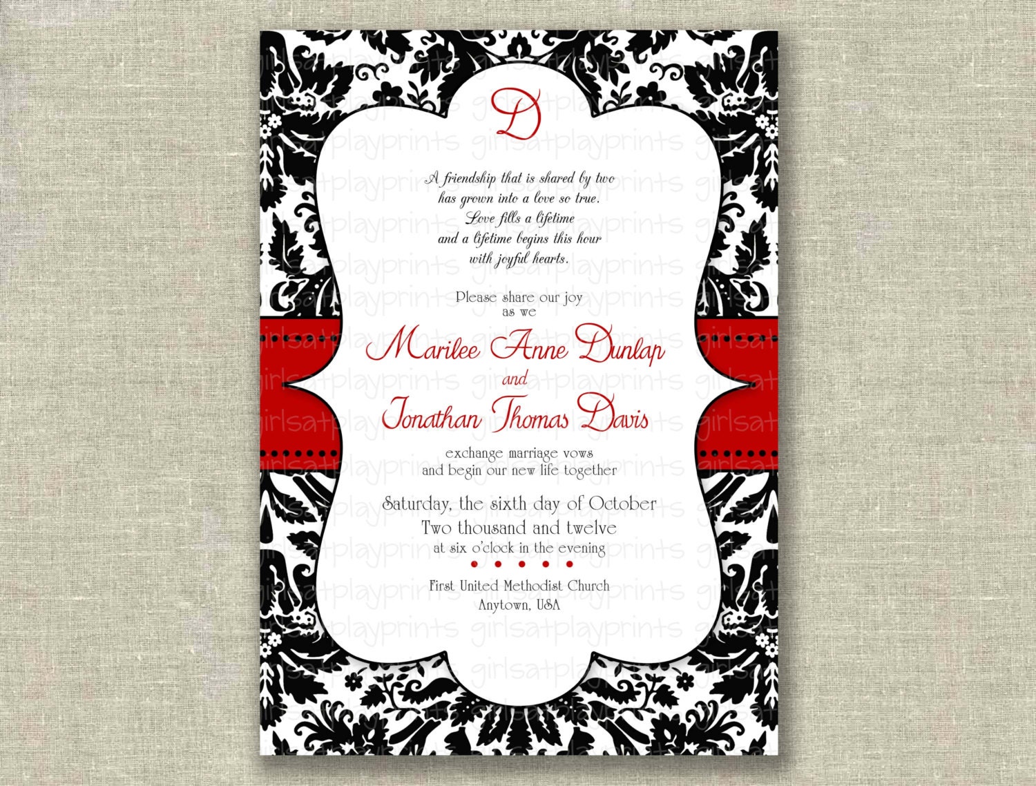 Modern Wedding Invitation Invite Black Damask Red by girlsatplay