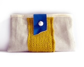 Linen clutch purse yellow cotton knitted bag royal blue leather color block memake handmade fashion accessory