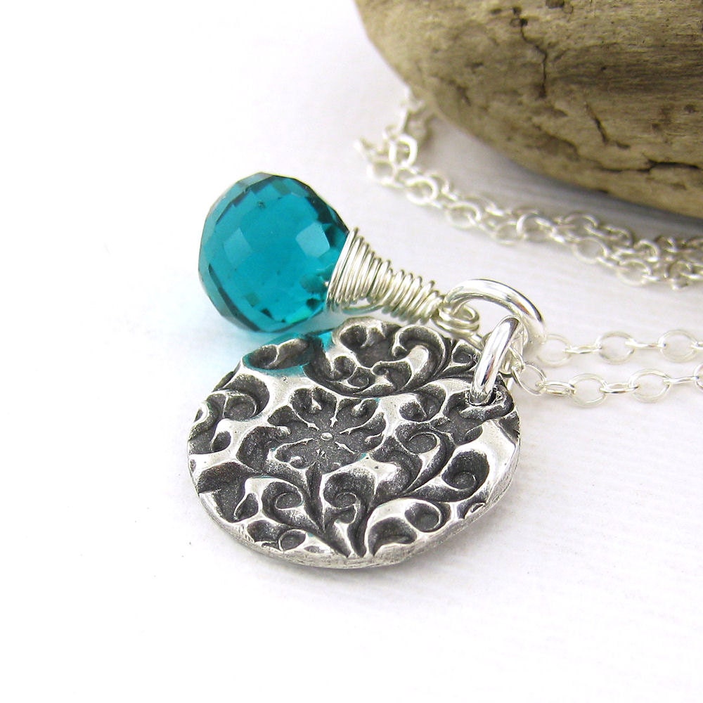 Teal Quartz Necklace Contemporary Flower Charm Pendant Sterling Silver Fashion Jewelry - Solo No. 74