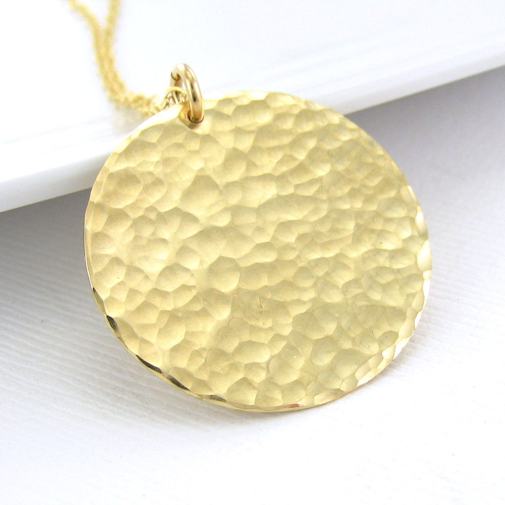 Gold Circle Necklace Extra Large 1 Inch Pendant Handmade 14k Gold Fill Hammered Disc Fashion Jewelry - Delicacy Necklace