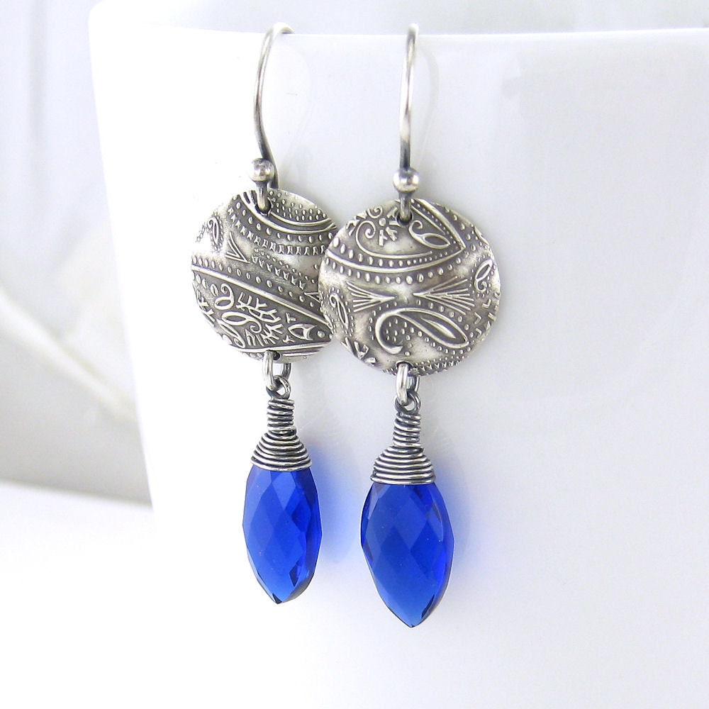 Cobalt Blue Earrings Electric Blue Quartz Sterling Silver Circle Earrings Dainty Paisley Handmade Jewelry - Kristen No. 16