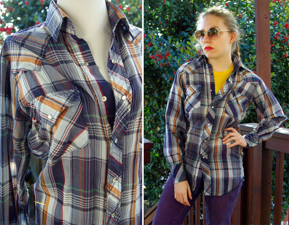 WESTERN 1970's Vintage Men's Navy Blue Plaid Cowboy Shirt with Pearl Snaps by Western Fashions