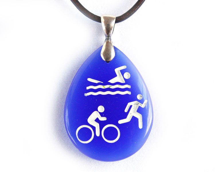 Triathlon Jewelry - Swim Bike Run Necklace - Etched Glass Pendant