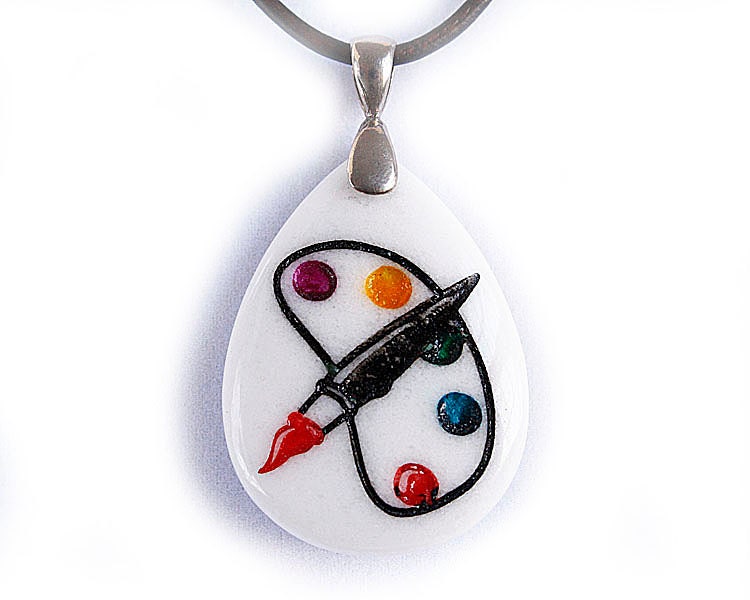 Painter's Palette and Brush - White Marble Engraved Stone Pendant