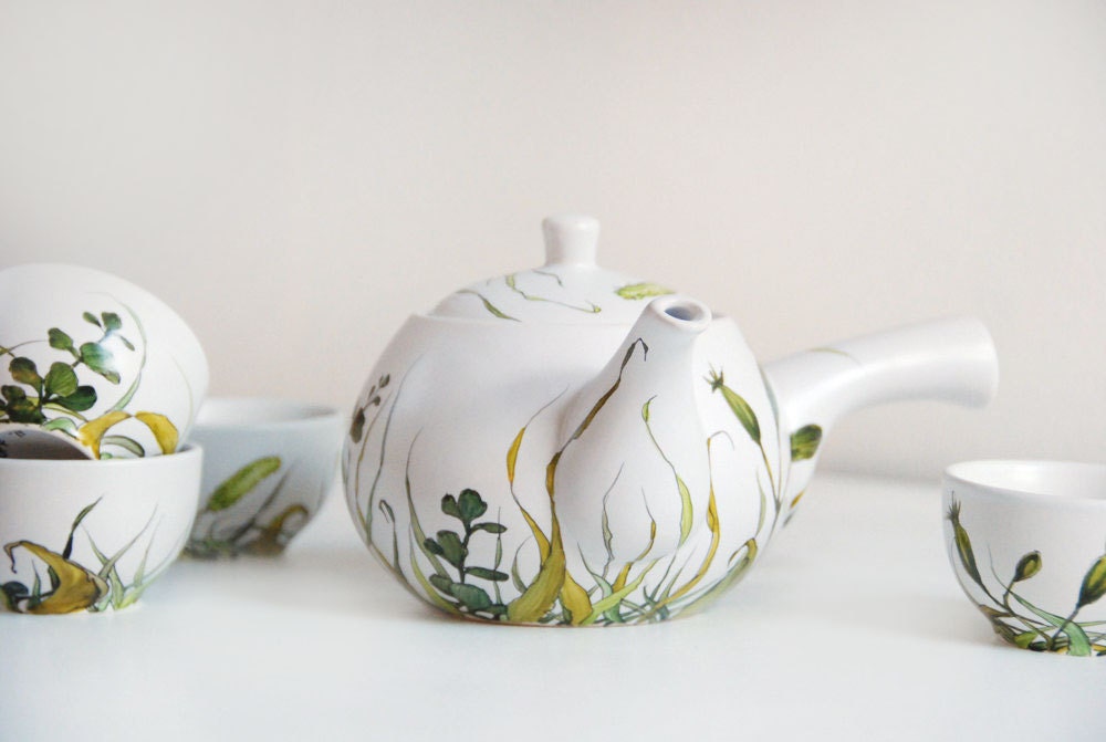 ready to ship - Hand Painted Ceramic Tea cups with Teapot - Grass Fields Collection