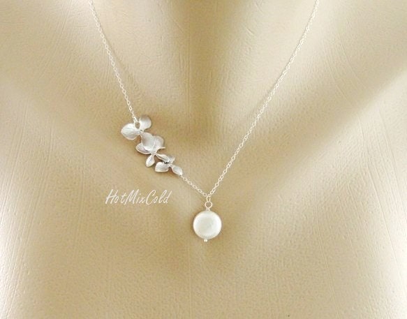 Silver Orchid Necklace, Dainty White Coin Pearl Necklace, STERLING Silver Jewelry, Bridesmaid gifts, Wedding jewelry, Mother Orchid jewelry