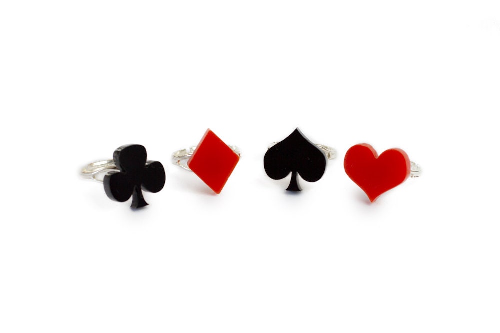 Card Suit Ring Set laser cut acrylic hearts diamonds spades clubs