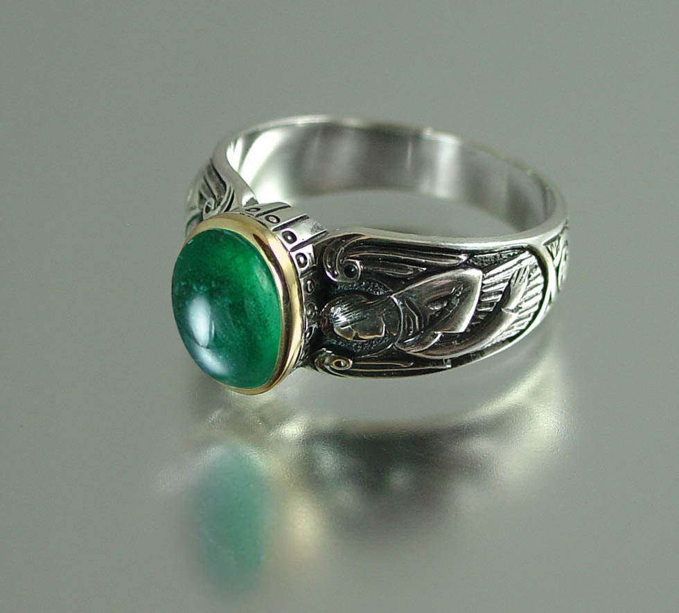 RESERVED for K. Guardian Angels silver & 14K Emerald ring