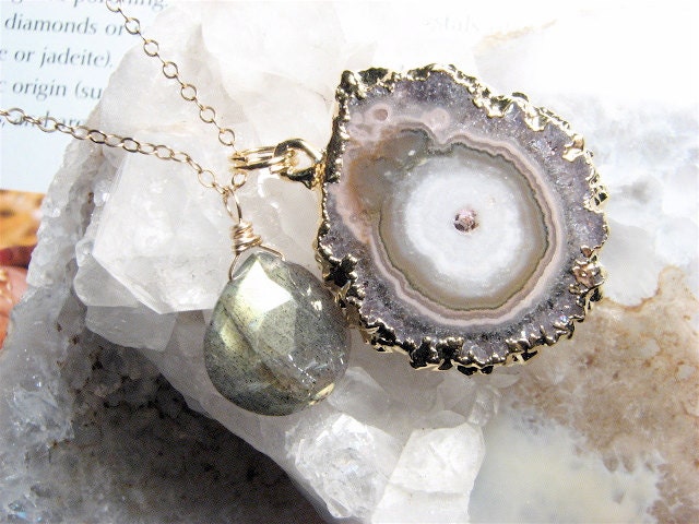 Sea Sketches, Bejeweled Amethyst Stalactite Slice Necklace