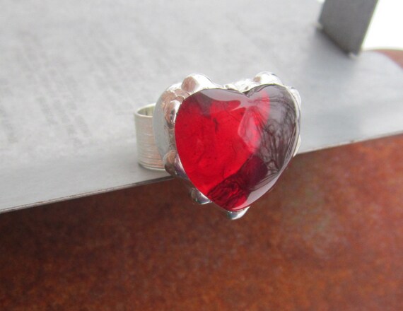 Big Red Heart Glass Adjustable Cocktail Ring by Heidi Urbanski on etsy
