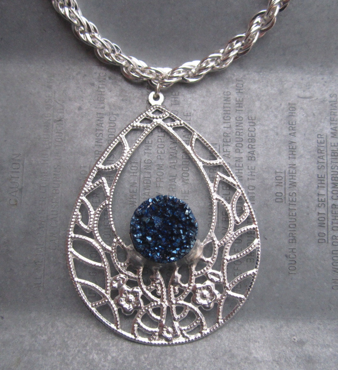 Silver Filigree and Dark Blue Oval Druzy Quartz Necklace by Heidi Urbanski on etsy