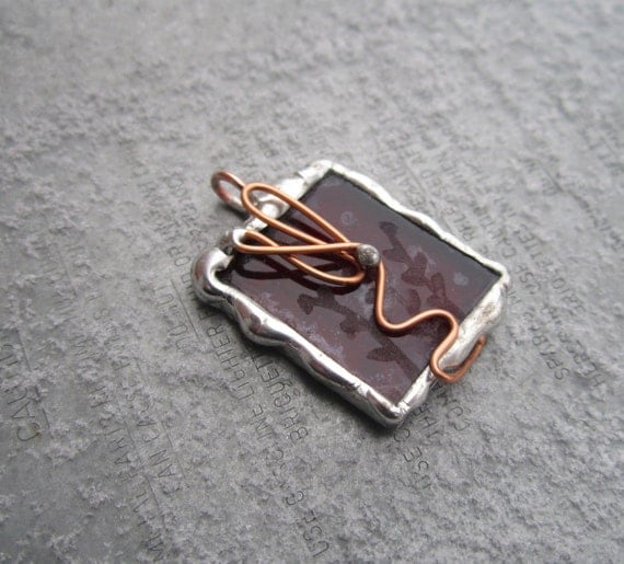 Red Rectangle Floral Etched Glass and Copper Necklace by Heidi Urbanski on etsy