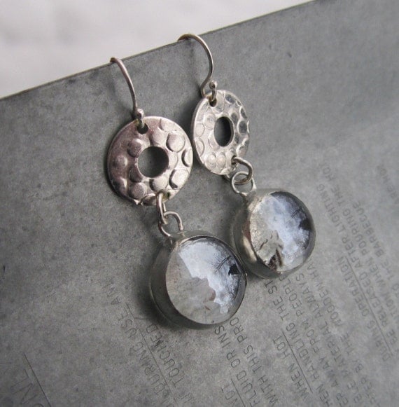 Round Clear Glass and Hammered Metal Dangle Earrings by Heidi Urbanski on etsy