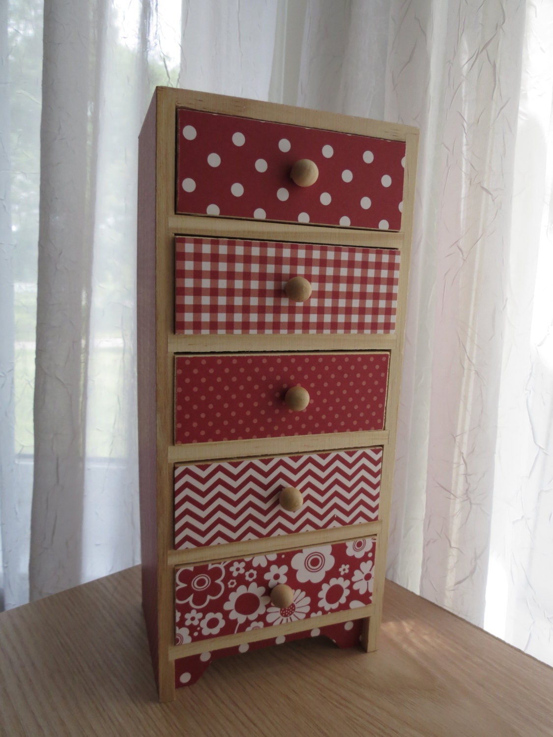 5 Drawer Large Wooden Trinket Treasure Box - Red Monochromatic Patterns