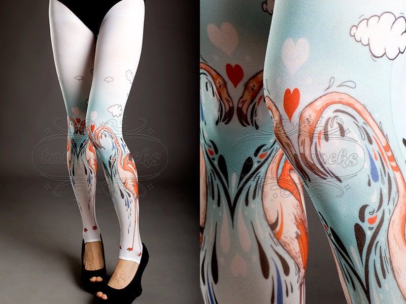 NEW white one size Flamingo Love full length footless printed tights / pantyhose spring / summer