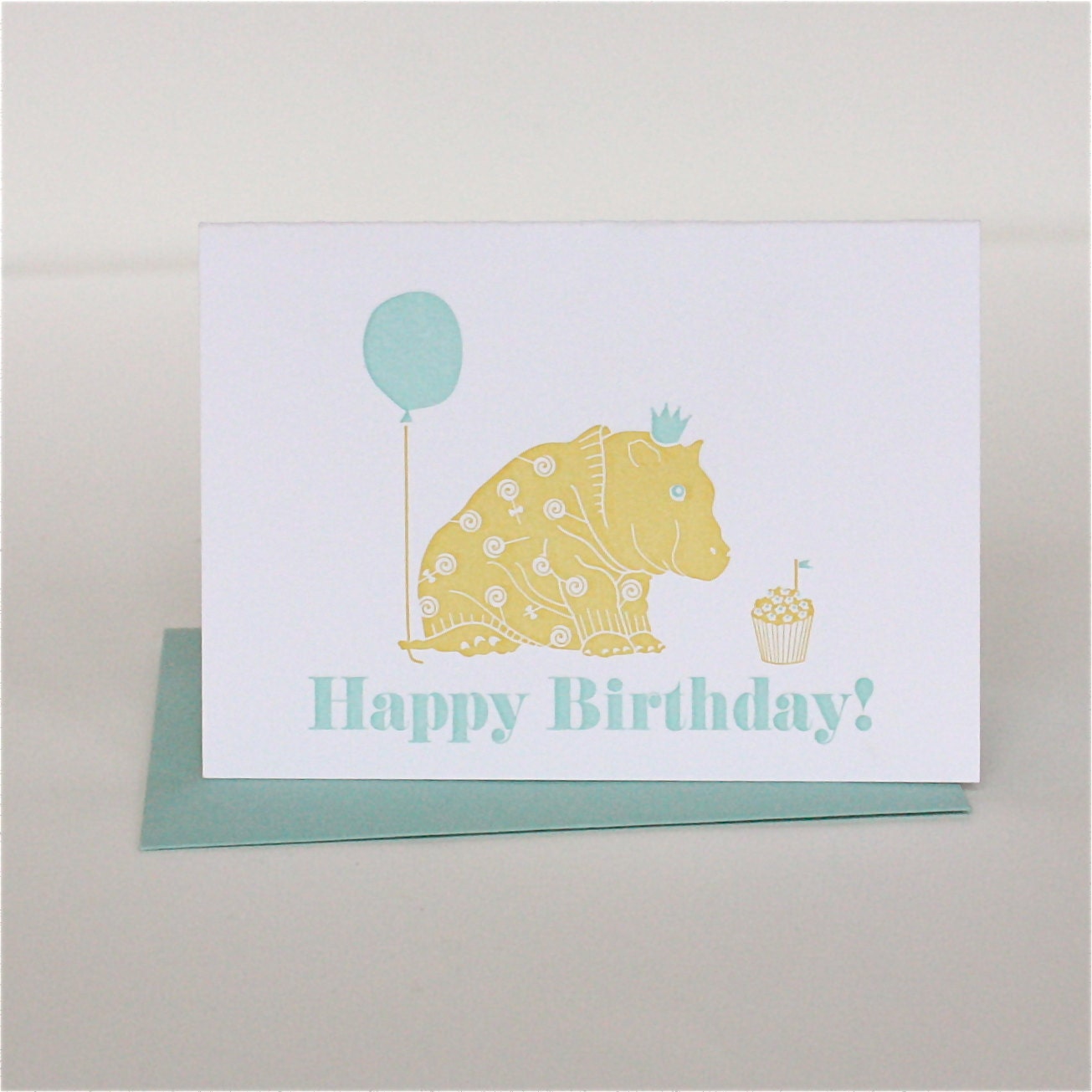 Happy Birthday Hippo Letterpress Card in Turquoise and Yellow